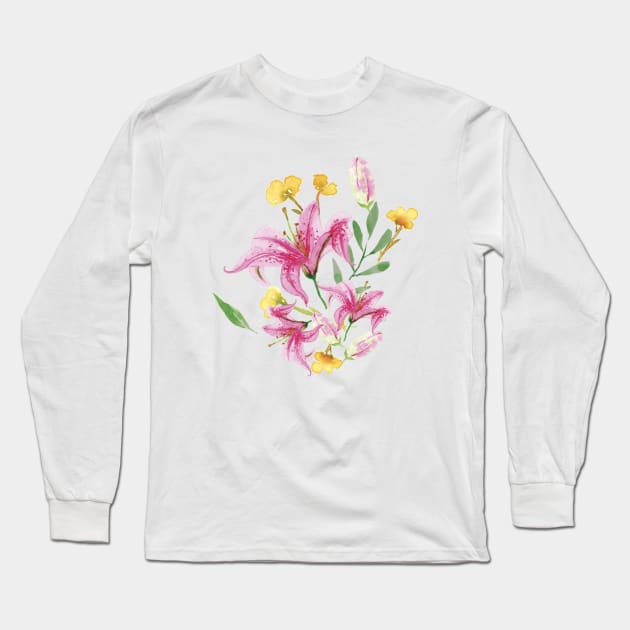 Hot Pink Watercolor Flowers and Leaves Long Sleeve T-Shirt by DesignScape by Janessa